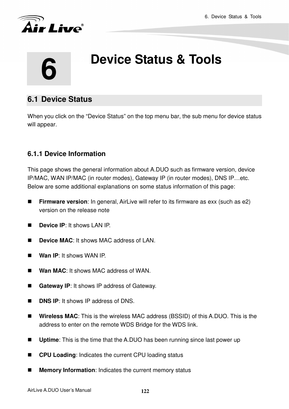 Device status & tools, 1 device status, 1 device information | Device status | AirLive A.DUO User Manual | Page 129 / 189
