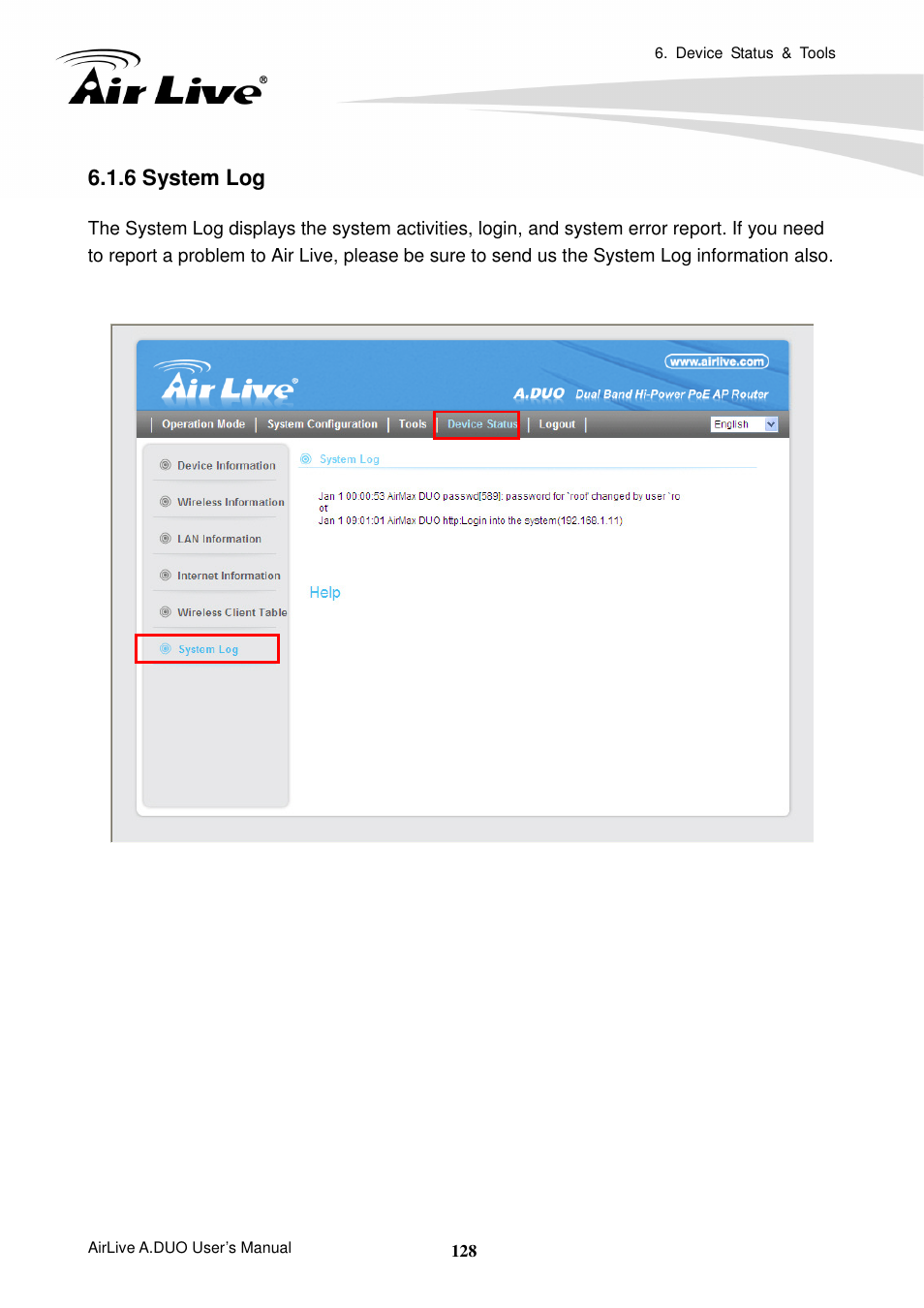 6 system log | AirLive A.DUO User Manual | Page 135 / 189