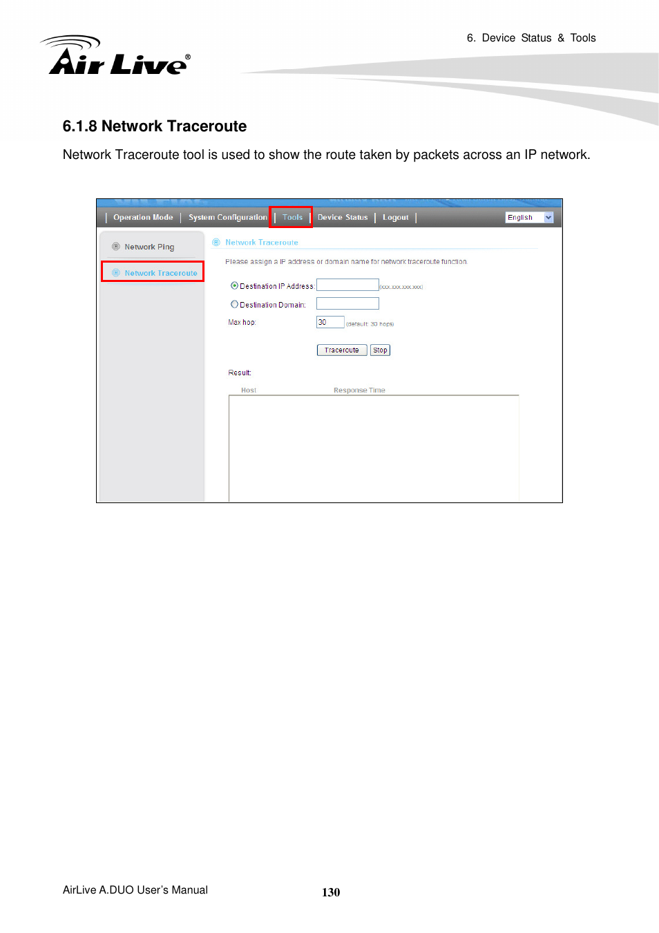 8 network traceroute | AirLive A.DUO User Manual | Page 137 / 189