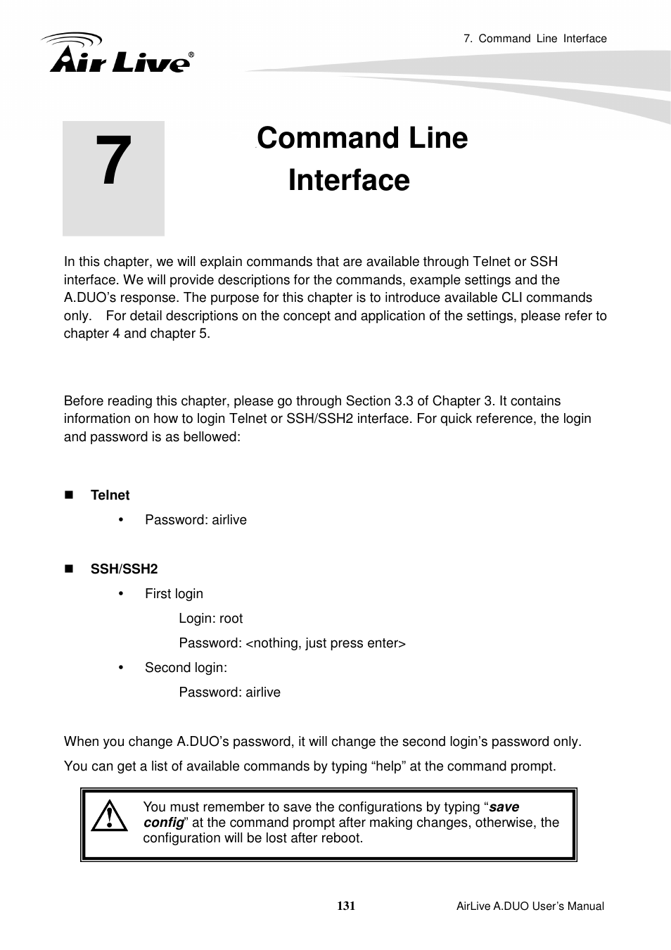 Command lineinterface, Command line interface | AirLive A.DUO User Manual | Page 138 / 189