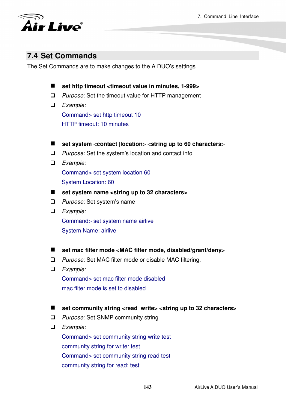 4 set commands, Set commands | AirLive A.DUO User Manual | Page 150 / 189