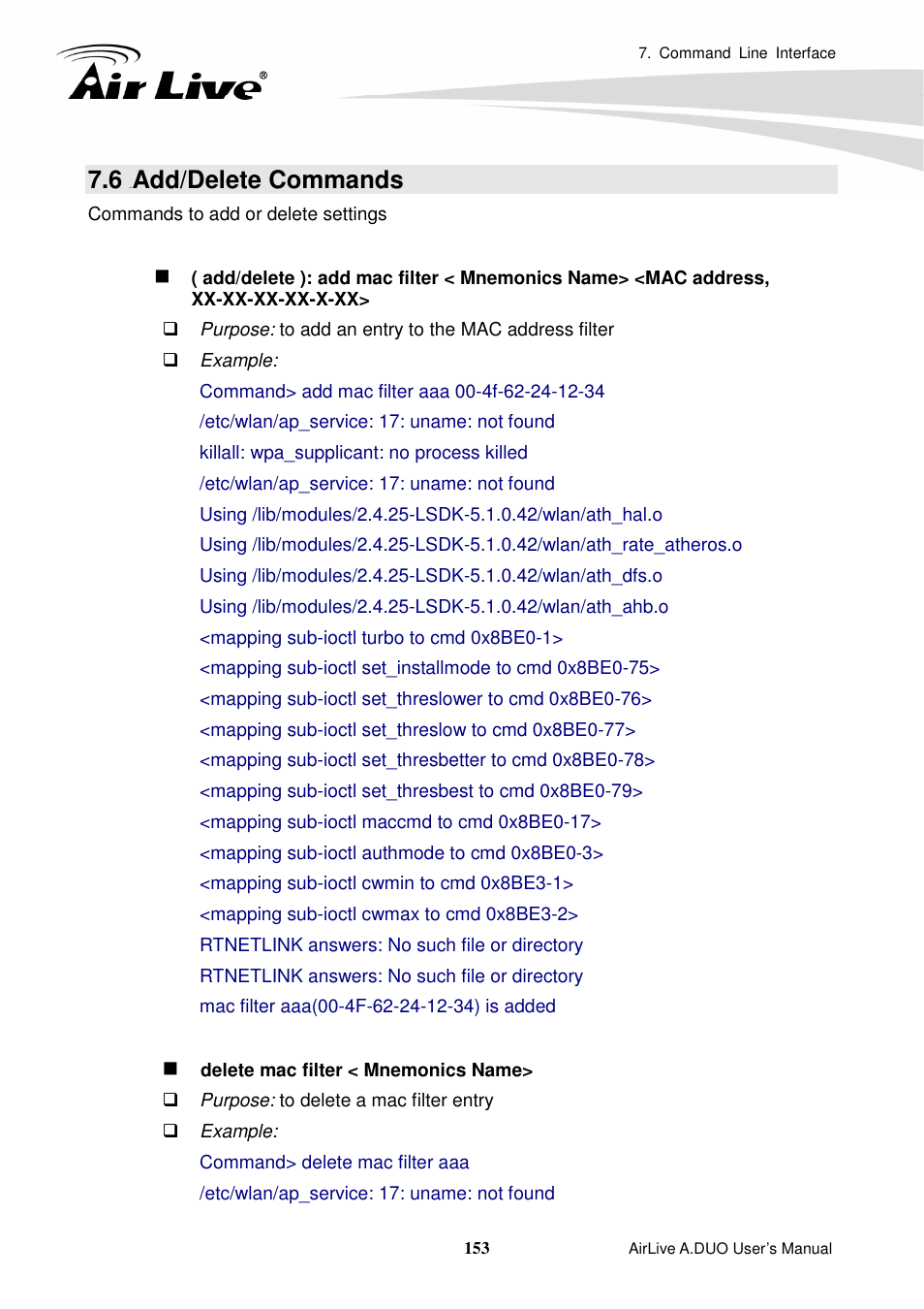 6 add/delete commands, Add/delete commands | AirLive A.DUO User Manual | Page 160 / 189