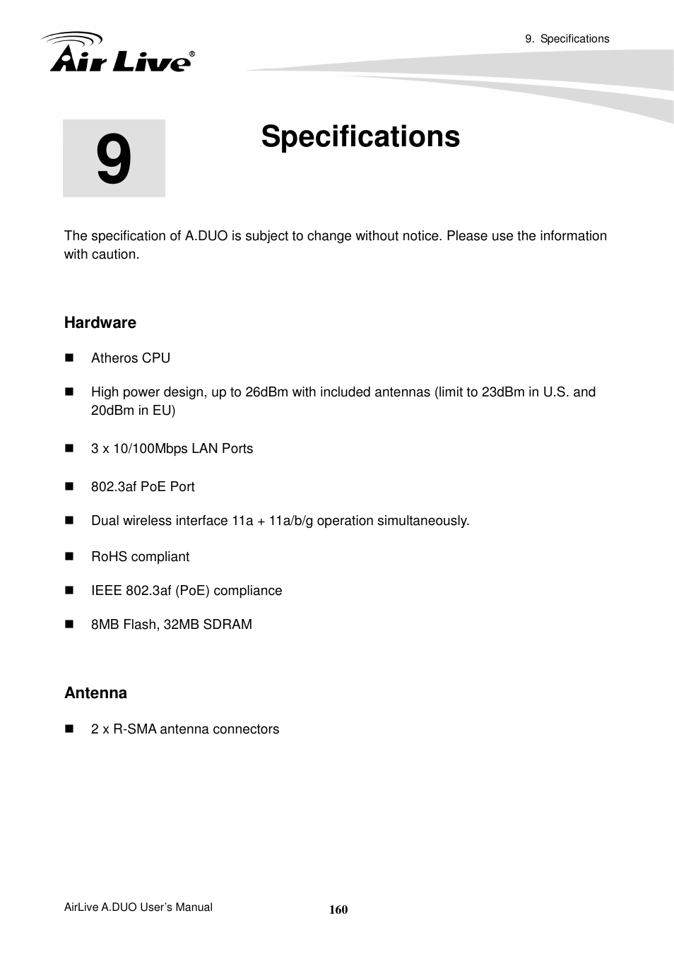 9 specifications, Specifications | AirLive A.DUO User Manual | Page 167 / 189