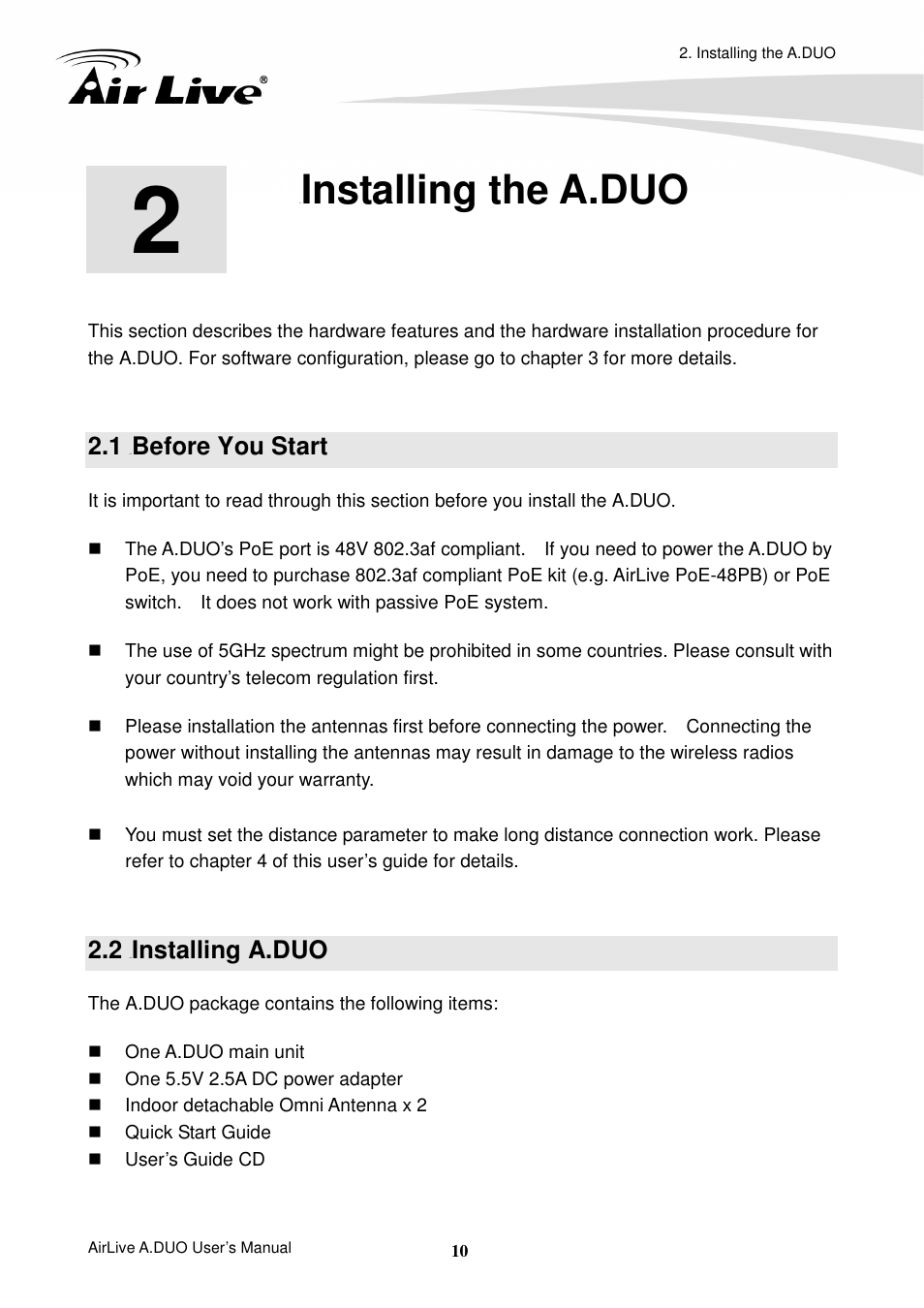 2 installing the a.duo, 1 before you start, 2 installing a.duo | Installing the a.duo | AirLive A.DUO User Manual | Page 17 / 189