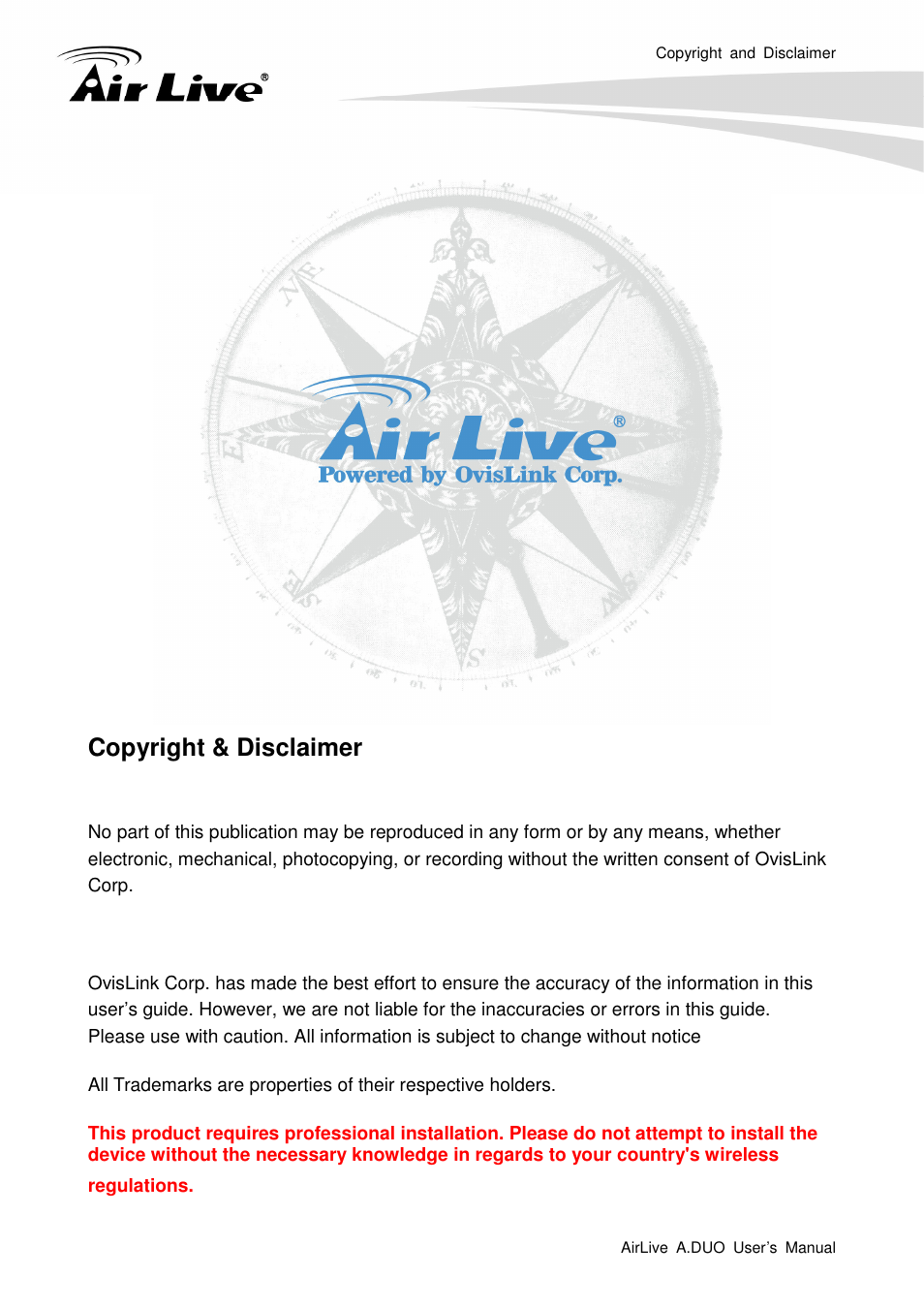 Copyright & disclaimer | AirLive A.DUO User Manual | Page 2 / 189