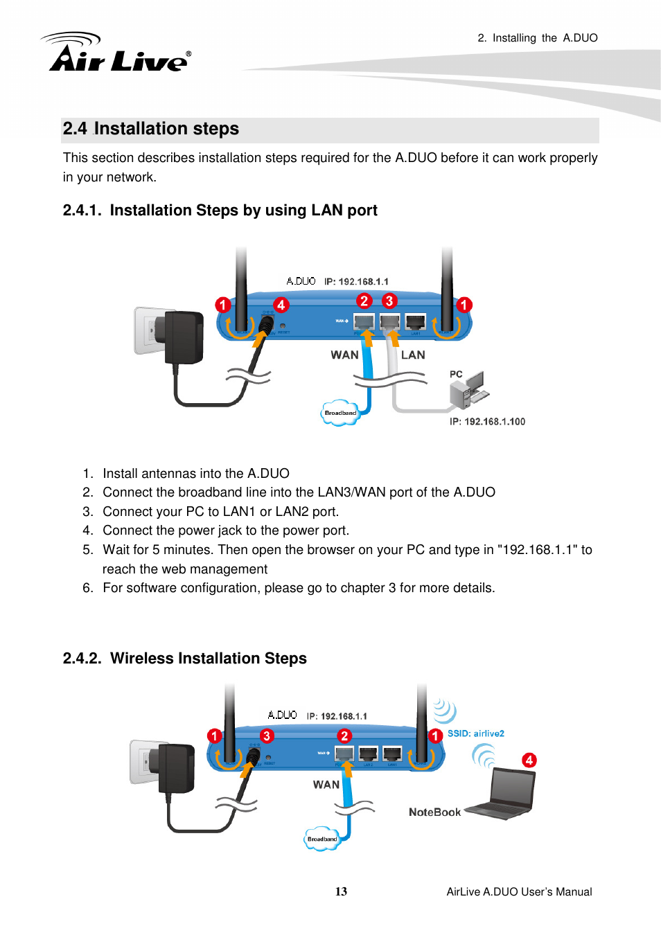 4 installation steps, Installation steps by using lan port, Wireless installation steps | Installation steps | AirLive A.DUO User Manual | Page 20 / 189