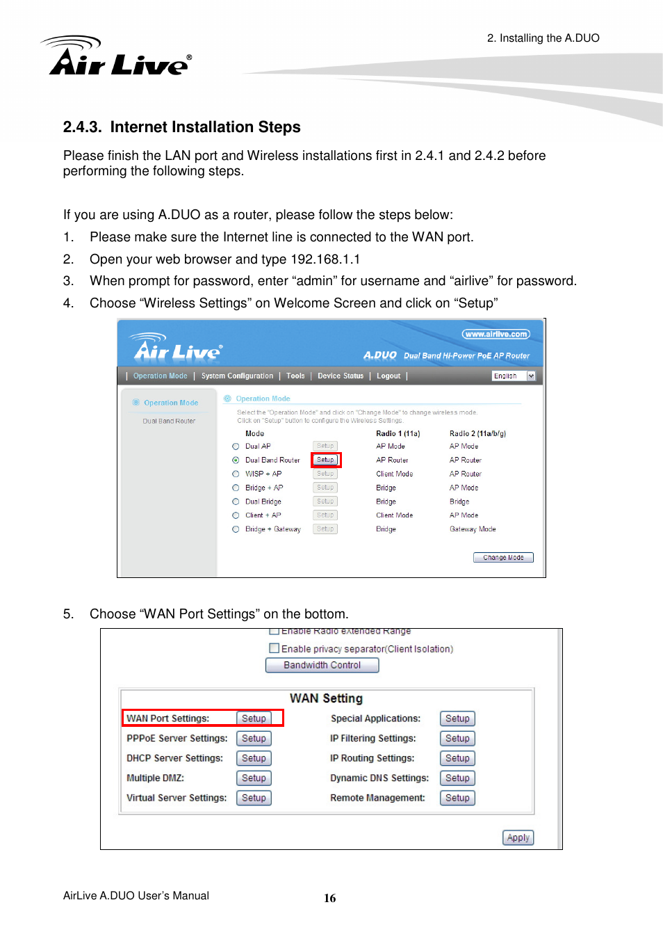 Internet installation steps | AirLive A.DUO User Manual | Page 23 / 189