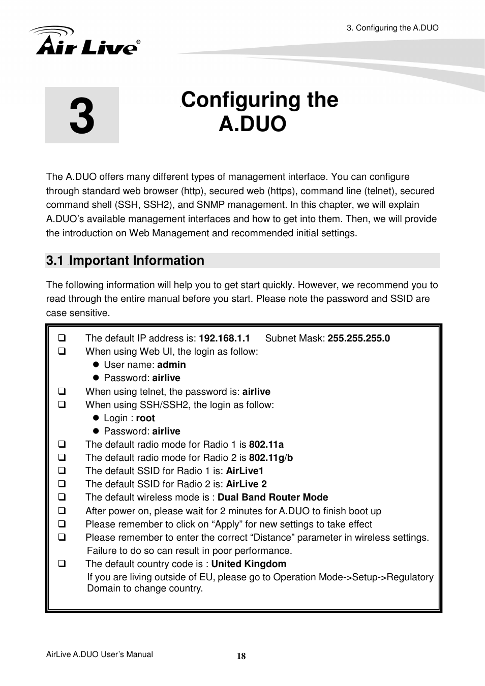 3 configuring thea.duo, 1 important information, Configuring the a.duo | Important information | AirLive A.DUO User Manual | Page 25 / 189