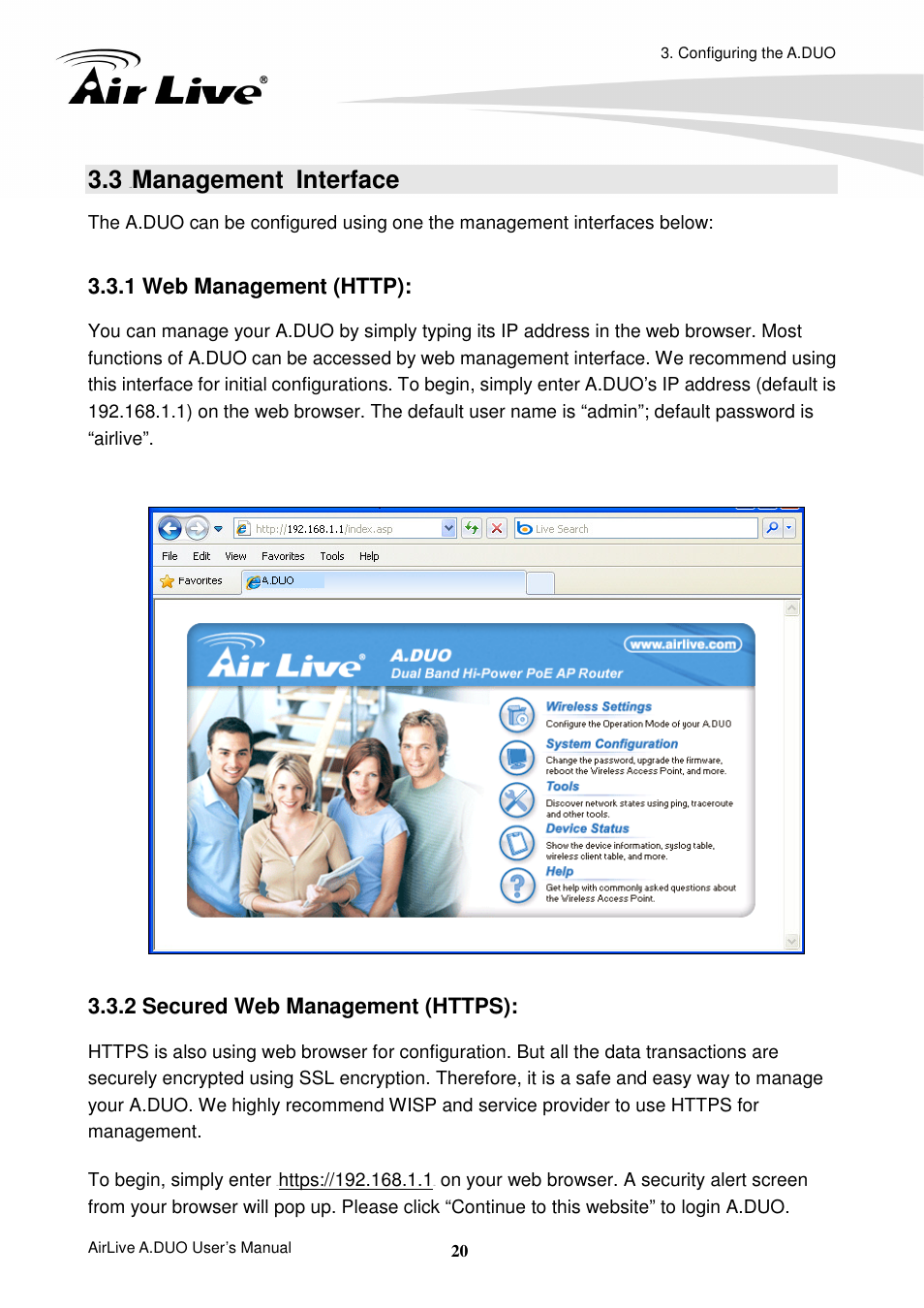 3 management interface, 1 web management (http), 2 secured web management (https) | Management interface | AirLive A.DUO User Manual | Page 27 / 189