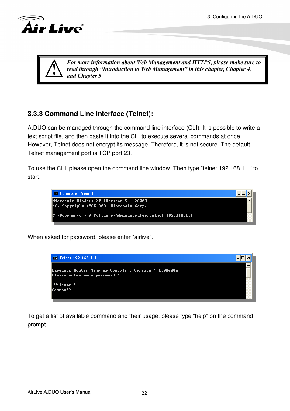 3 command line interface (telnet) | AirLive A.DUO User Manual | Page 29 / 189