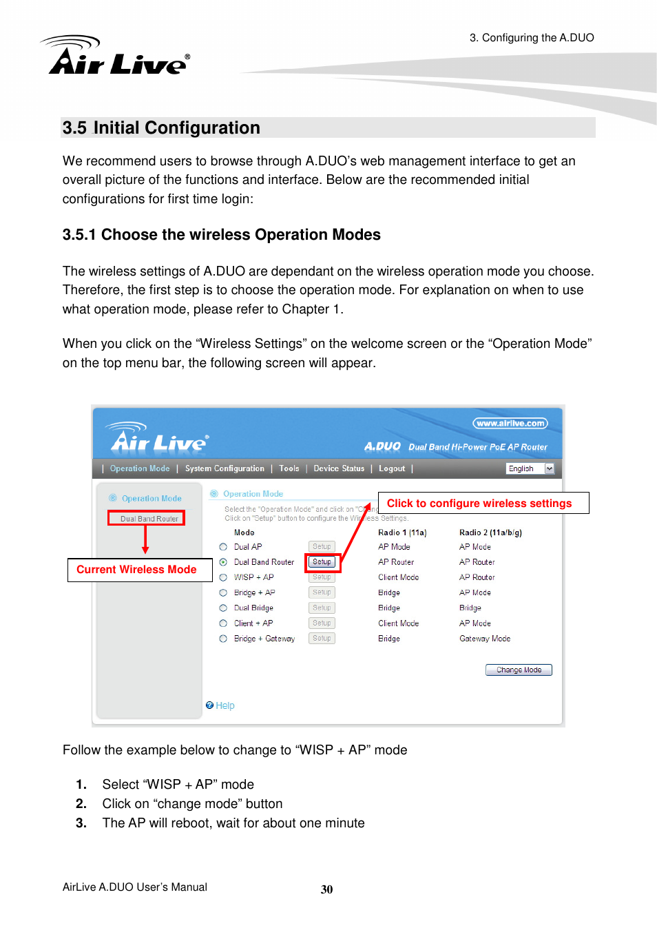 5 initial configuration, 1 choose the wireless operation modes, Initial configuration | AirLive A.DUO User Manual | Page 37 / 189