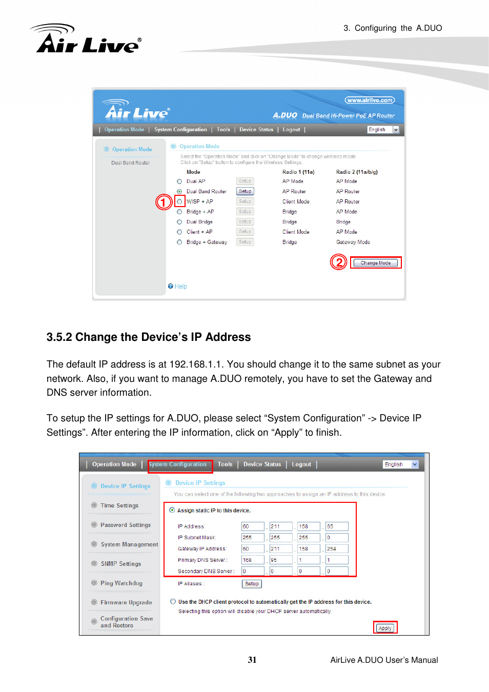 2 change the device’s ip address | AirLive A.DUO User Manual | Page 38 / 189