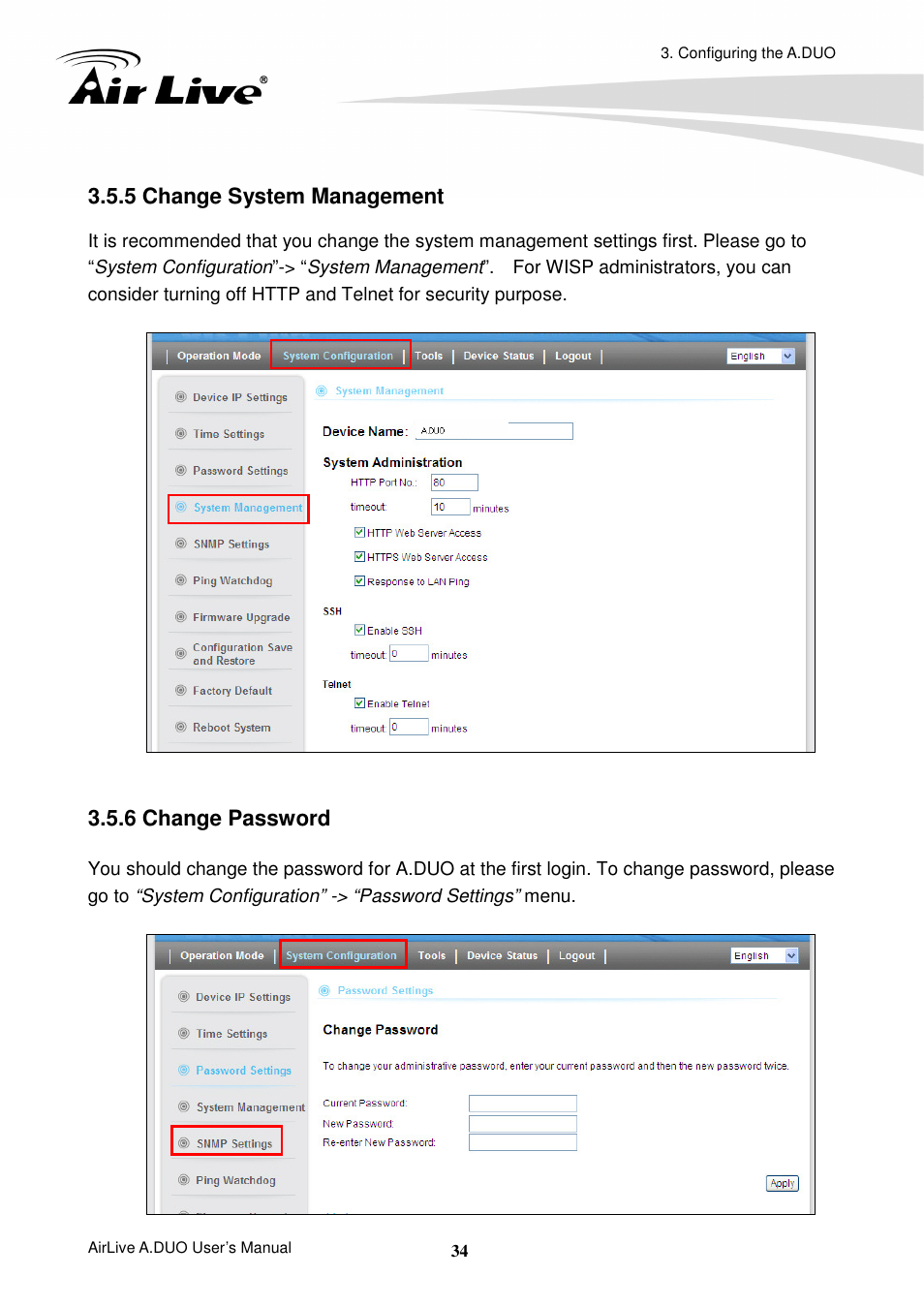 5 change system management, 6 change password | AirLive A.DUO User Manual | Page 41 / 189