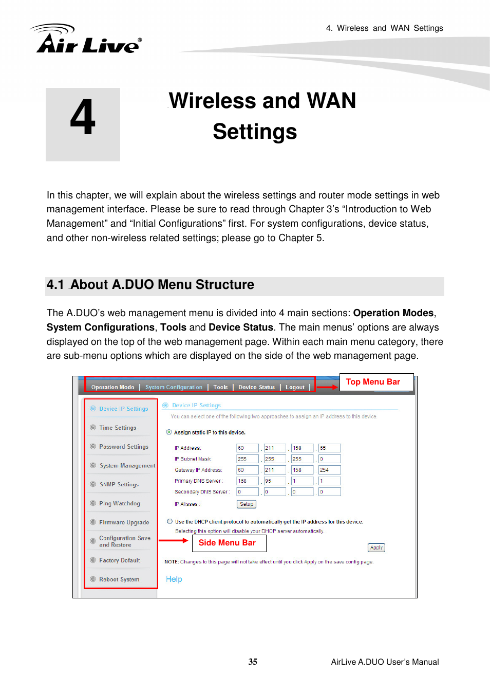 4 wireless and wansettings, 1 about a.duo menu structure, Wireless and wan settings | AirLive A.DUO User Manual | Page 42 / 189