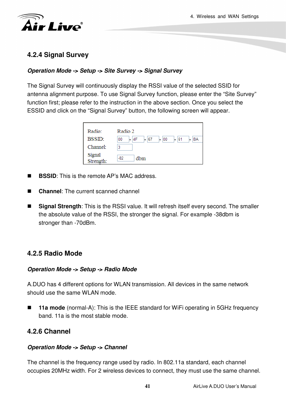 4 signal survey, 5 radio mode, 6 channel | AirLive A.DUO User Manual | Page 48 / 189