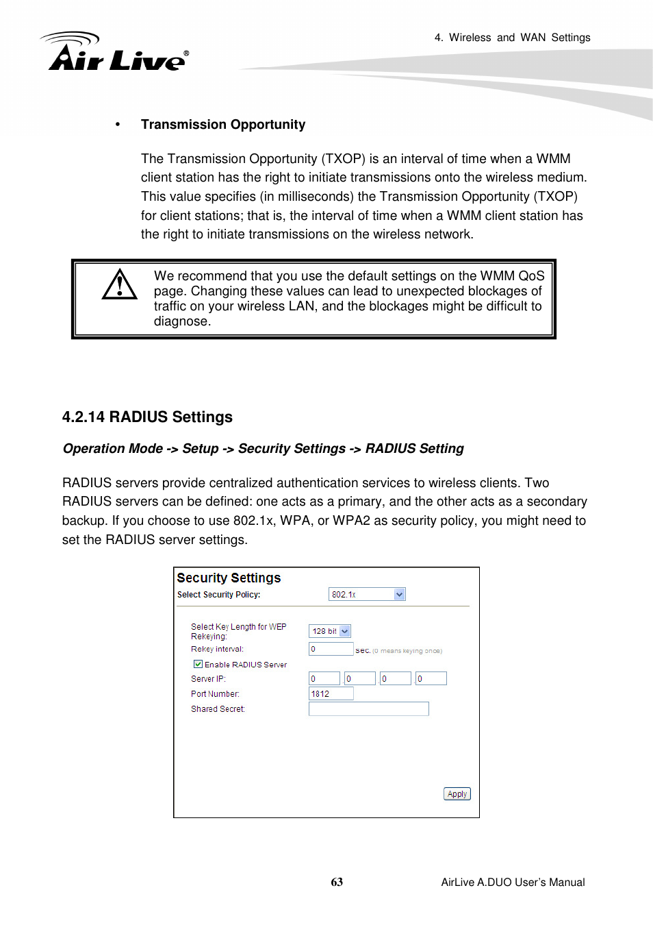 14 radius settings | AirLive A.DUO User Manual | Page 70 / 189