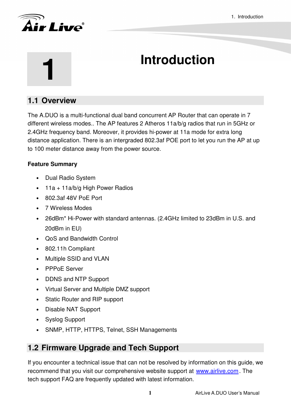 Introduction, 1 10boverview, 2 11bfirmware upgrade and tech support | Overview, Firmware upgrade and tech support | AirLive A.DUO User Manual | Page 8 / 189