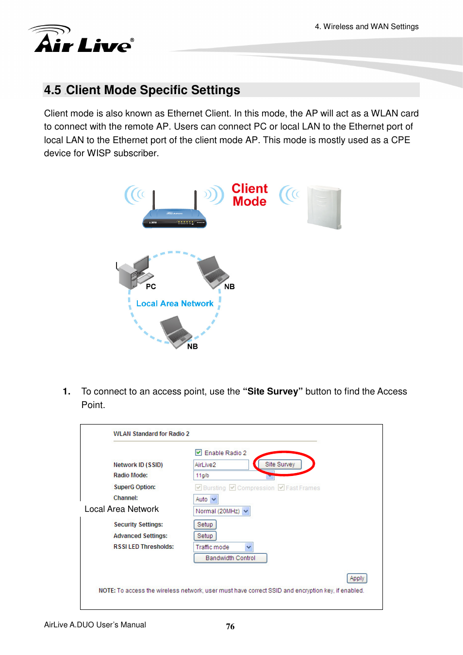 5 client mode specific settings, Client mode specific settings | AirLive A.DUO User Manual | Page 83 / 189