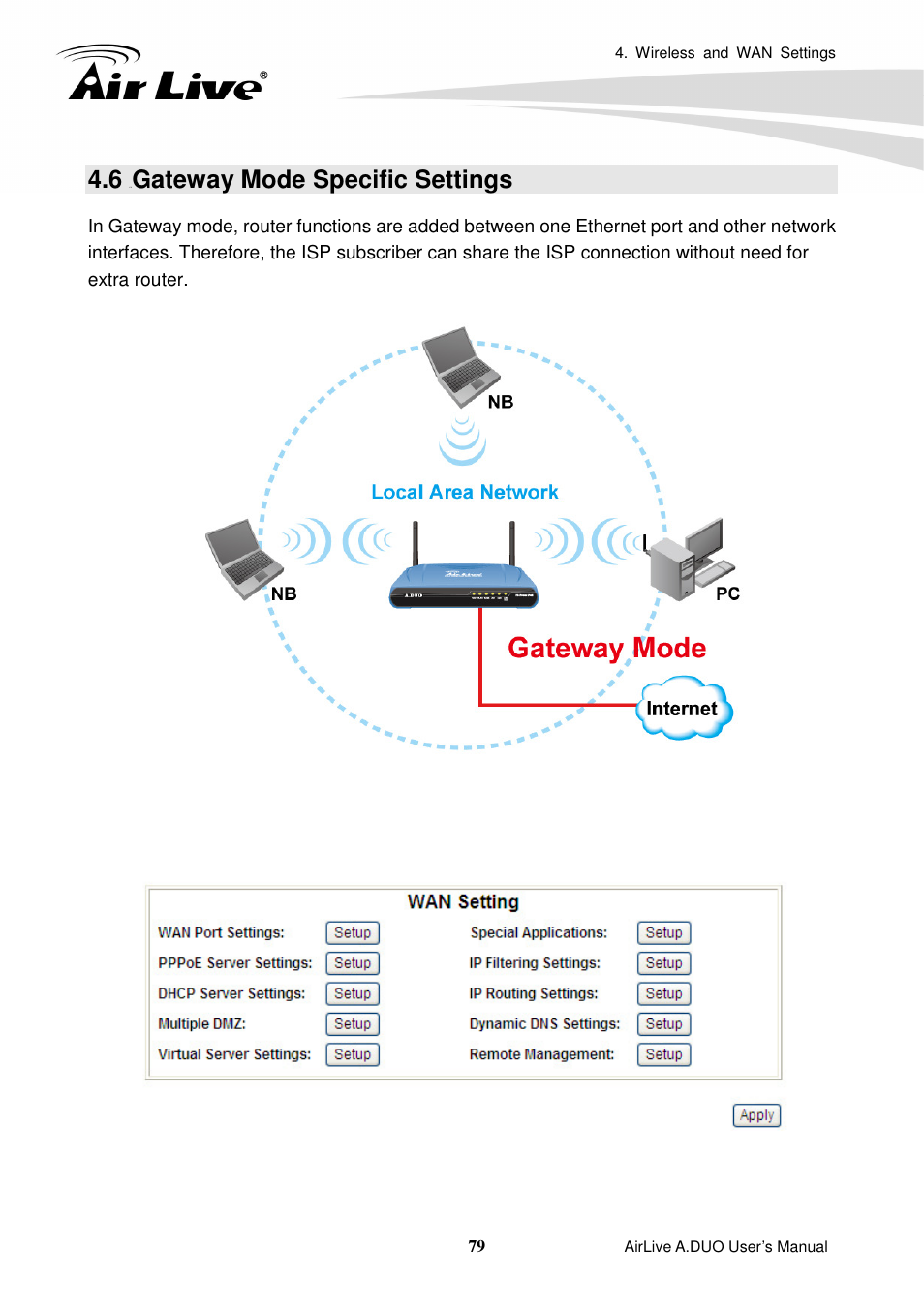 6 gateway mode specific settings, Gateway mode specific settings | AirLive A.DUO User Manual | Page 86 / 189