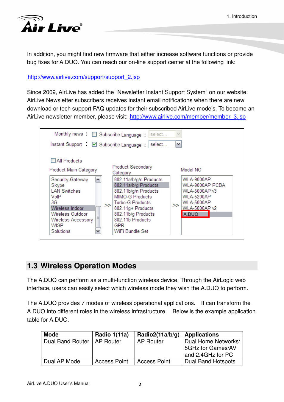 3 12bwireless operation modes, Wireless operation modes | AirLive A.DUO User Manual | Page 9 / 189