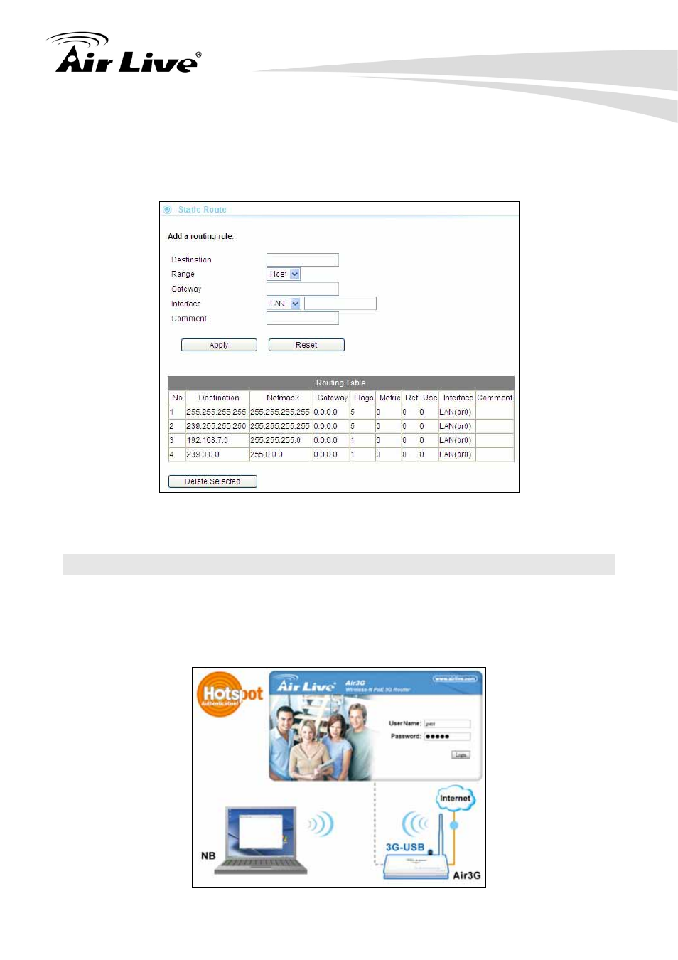 3 hotspot authentication, 10 static route | AirLive Air3G User Manual | Page 42 / 111