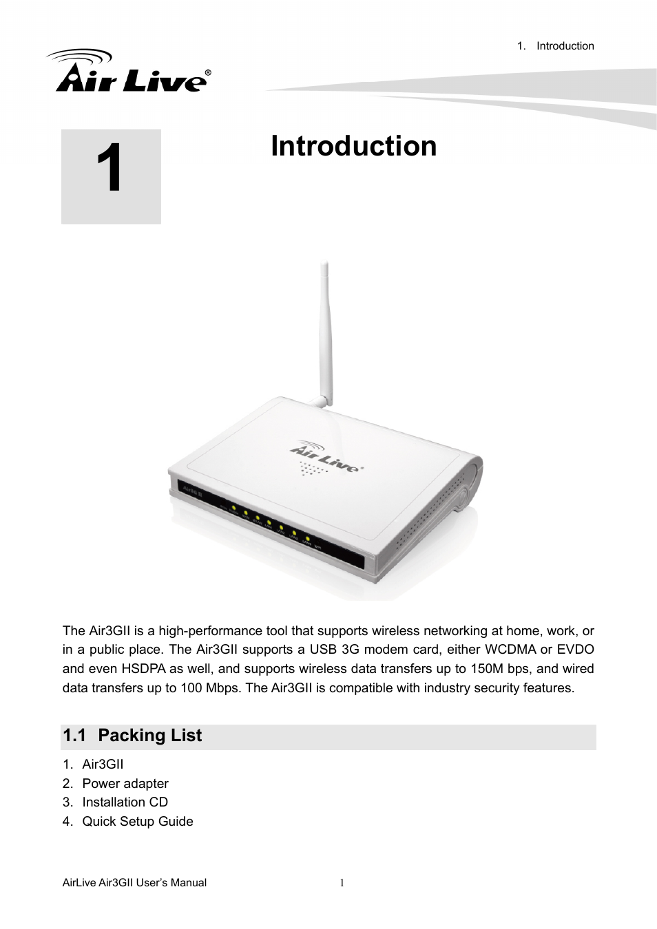 Introduction, 1 packing list, Acking | AirLive Air3GII User Manual | Page 5 / 75