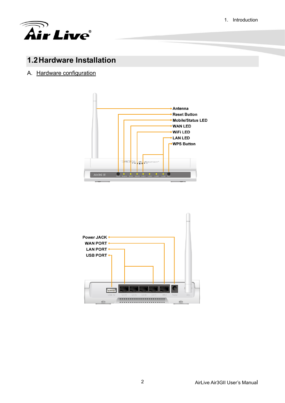 2 hardware installation, Ardware, Nstallation | AirLive Air3GII User Manual | Page 6 / 75