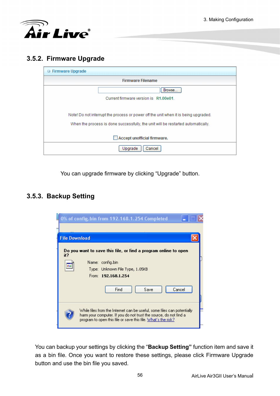 Firmware upgrade, Backup setting | AirLive Air3GII User Manual | Page 60 / 75