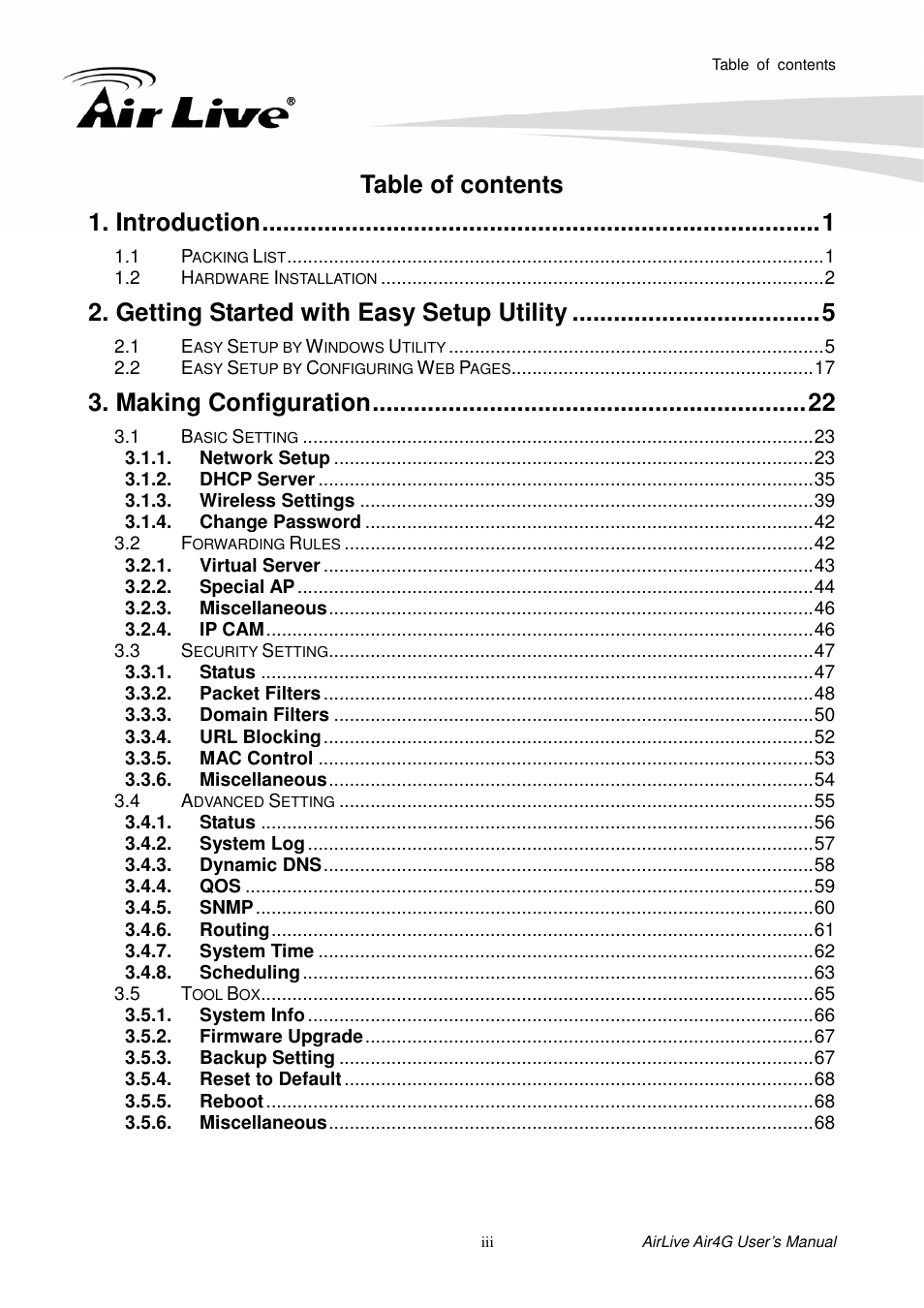 Table of contents 1. introduction, Getting started with easy setup utility, Making configuration | AirLive Air4G User Manual | Page 4 / 87