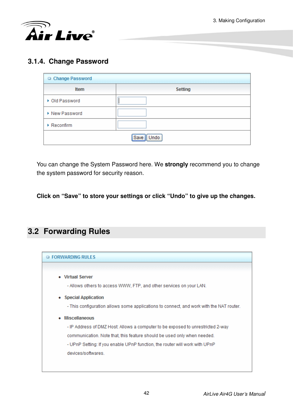 Change password, 2 forwarding rules, Orwarding | Ules | AirLive Air4G User Manual | Page 47 / 87