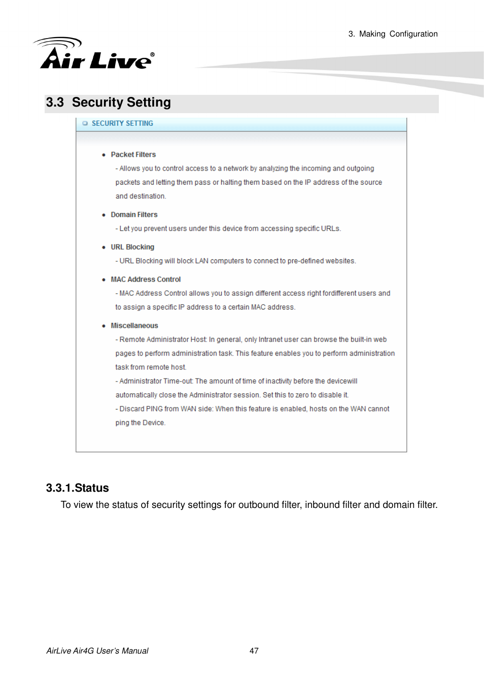 3 security setting, Status, Ecurity | Etting | AirLive Air4G User Manual | Page 52 / 87