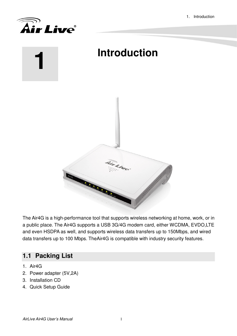 Introduction, 1 packing list, Acking | AirLive Air4G User Manual | Page 6 / 87