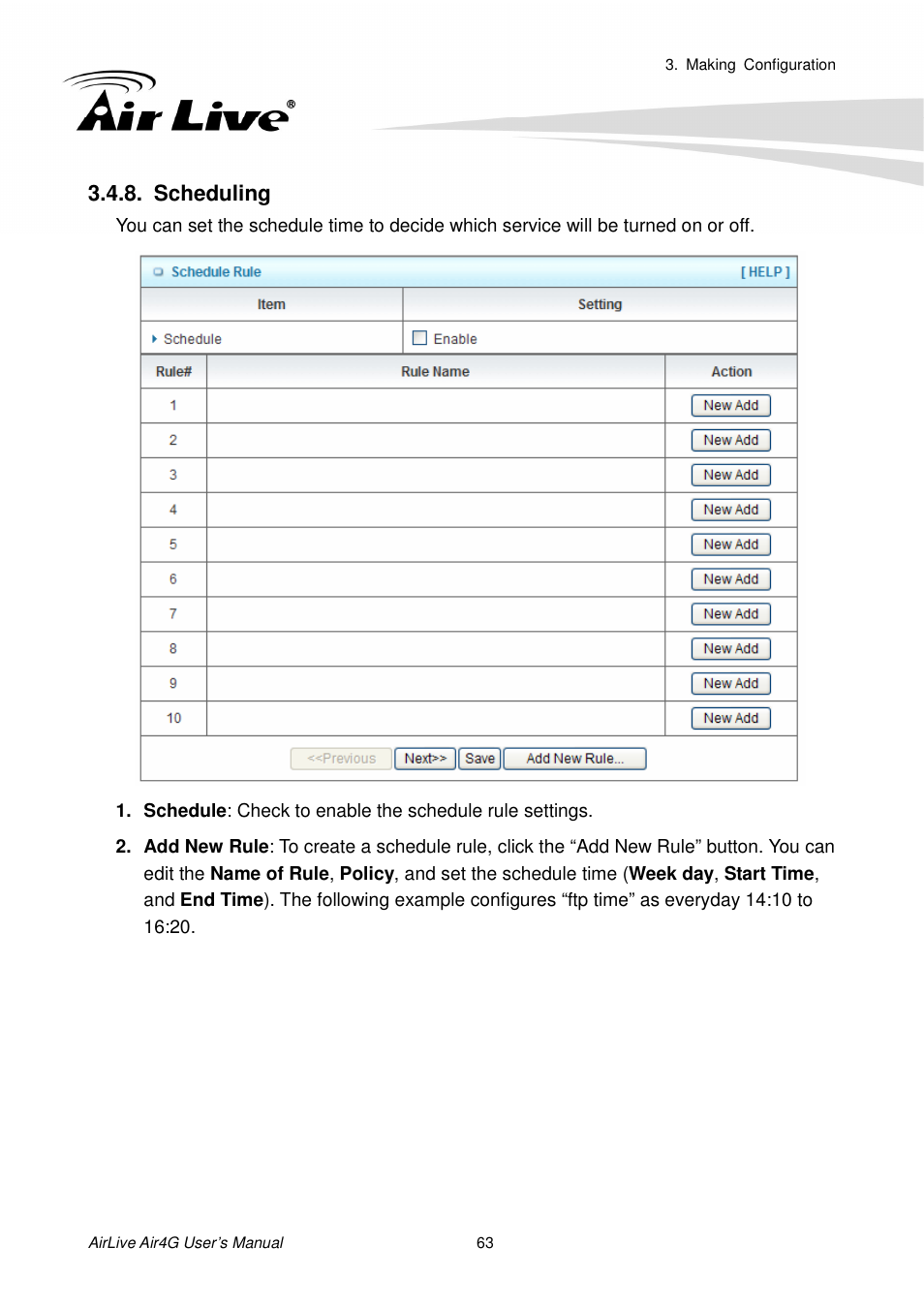 Scheduling | AirLive Air4G User Manual | Page 68 / 87