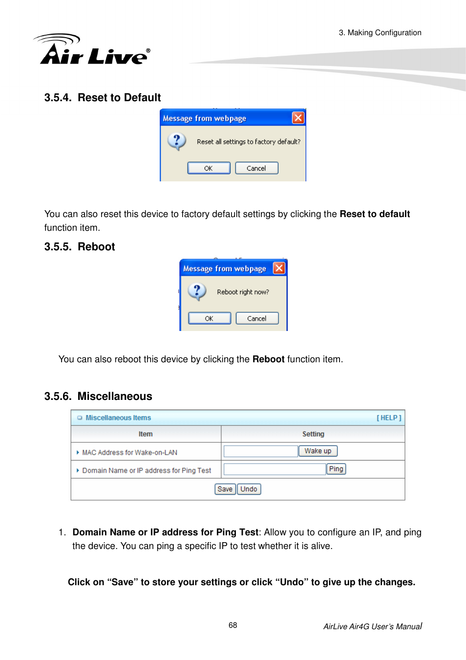 Reset to default, Reboot, Miscellaneous | AirLive Air4G User Manual | Page 73 / 87