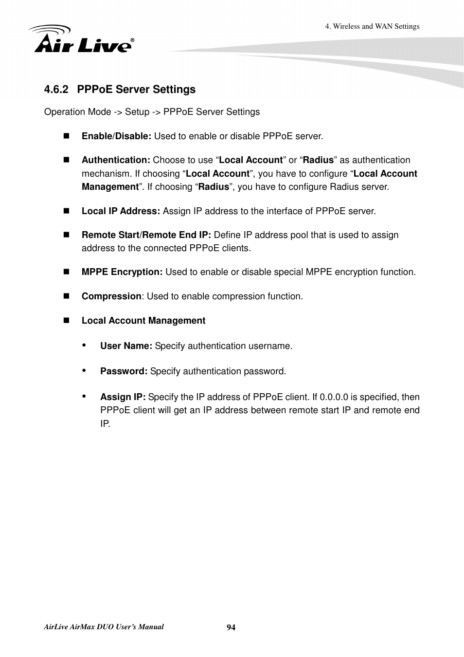 2 pppoe server settings | AirLive AirMax DUO User Manual | Page 102 / 208