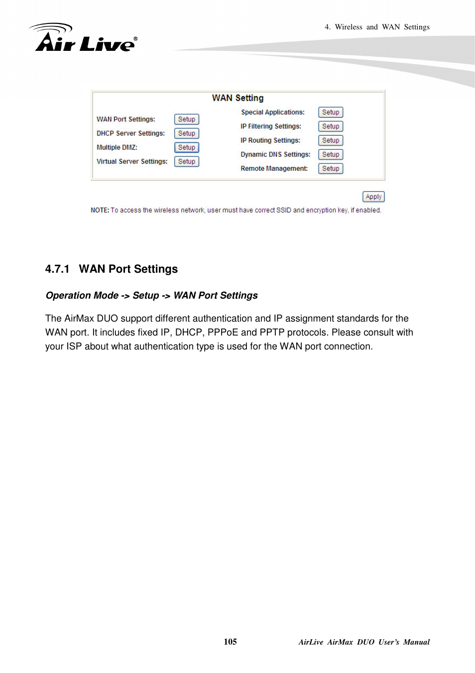 1 wan port settings | AirLive AirMax DUO User Manual | Page 113 / 208