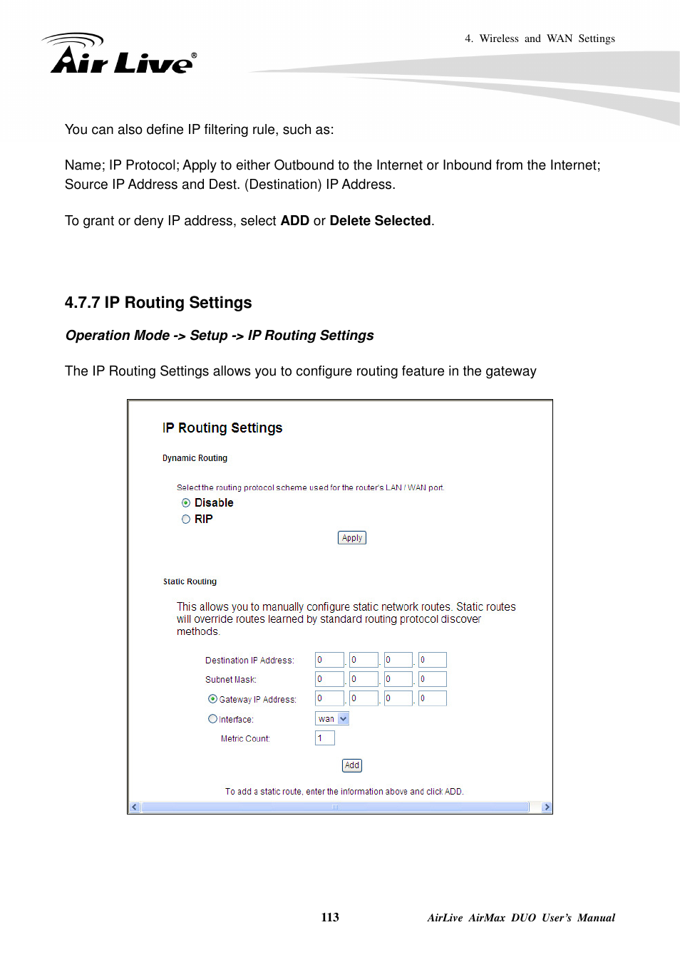 7 ip routing settings | AirLive AirMax DUO User Manual | Page 121 / 208