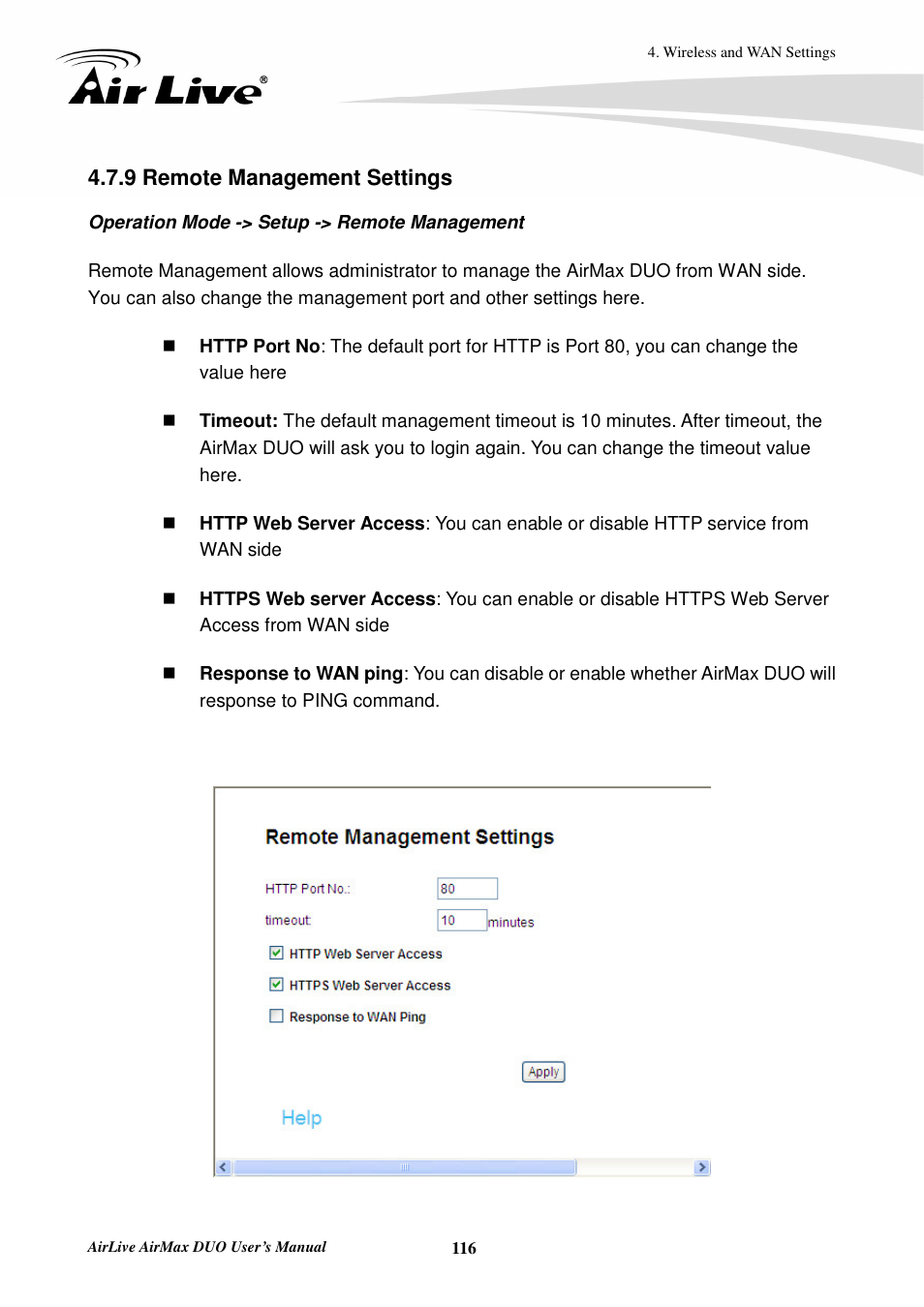 9 remote management settings | AirLive AirMax DUO User Manual | Page 124 / 208