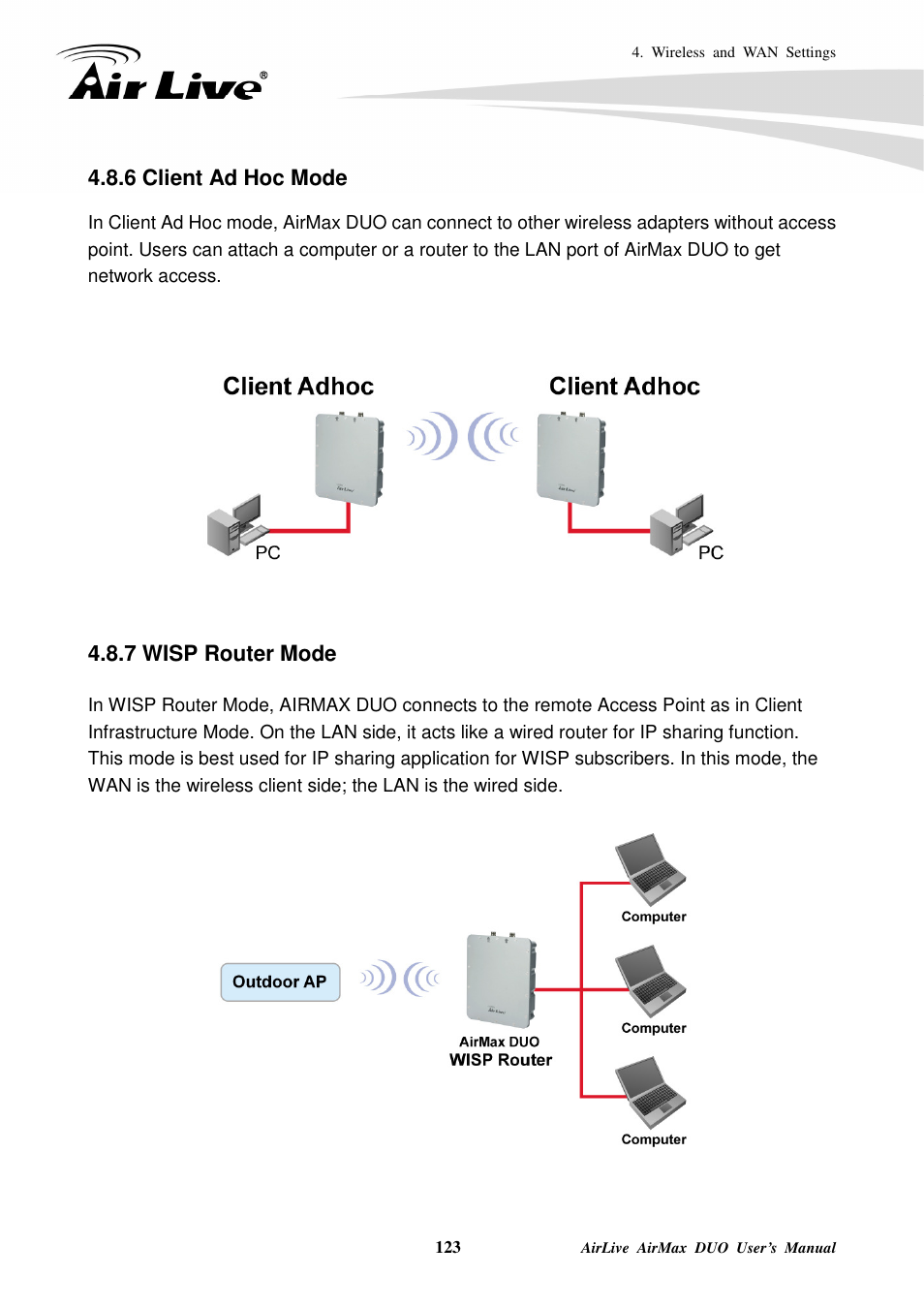 6 client ad hoc mode, 7 wisp router mode | AirLive AirMax DUO User Manual | Page 131 / 208