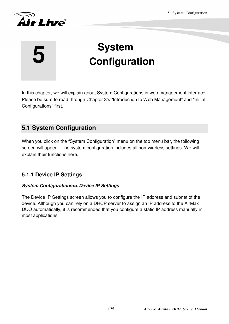 Systemconfiguration, 1 system configuration, 1 device ip settings | System configuration | AirLive AirMax DUO User Manual | Page 133 / 208