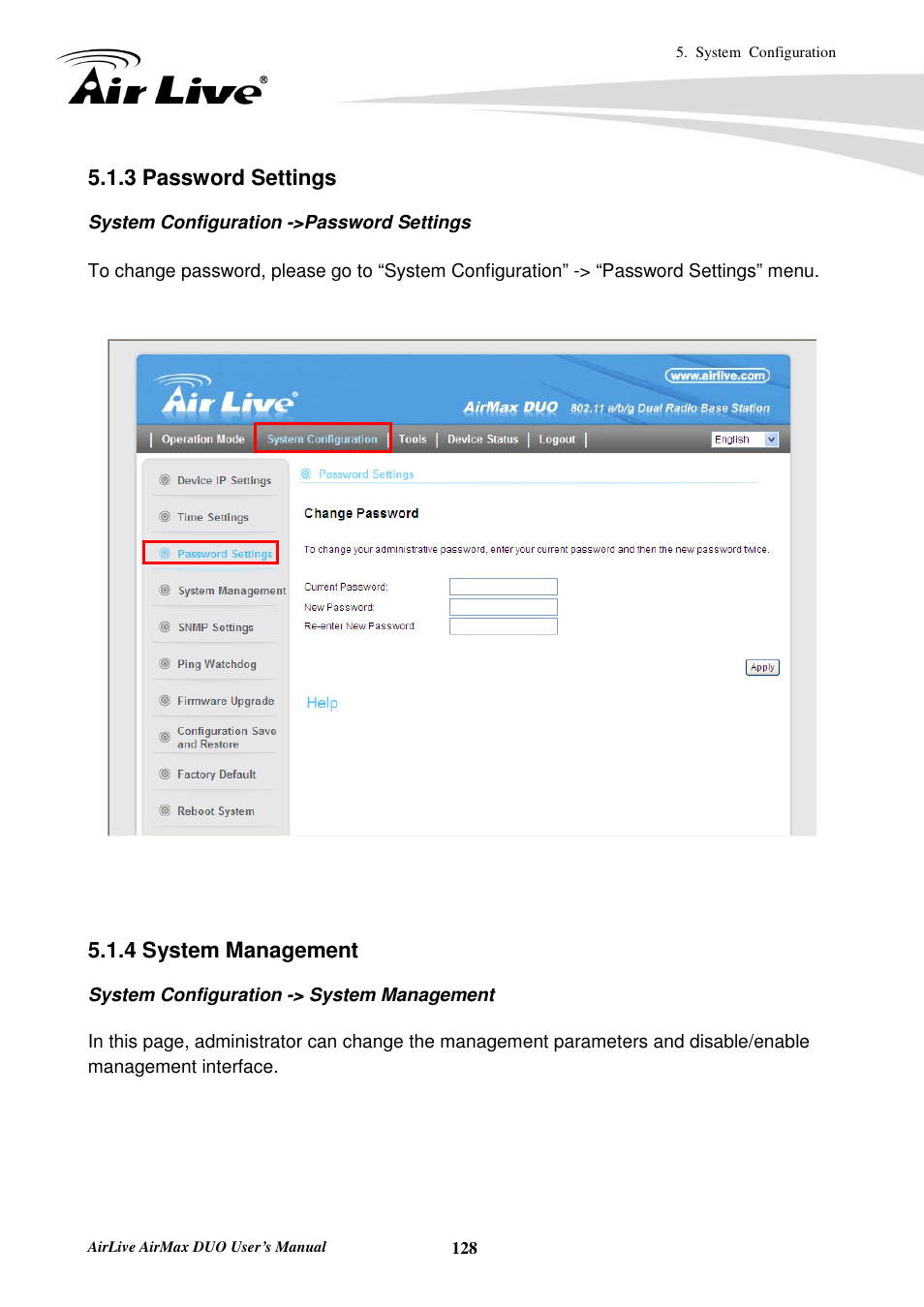 3 password settings, 4 system management | AirLive AirMax DUO User Manual | Page 136 / 208