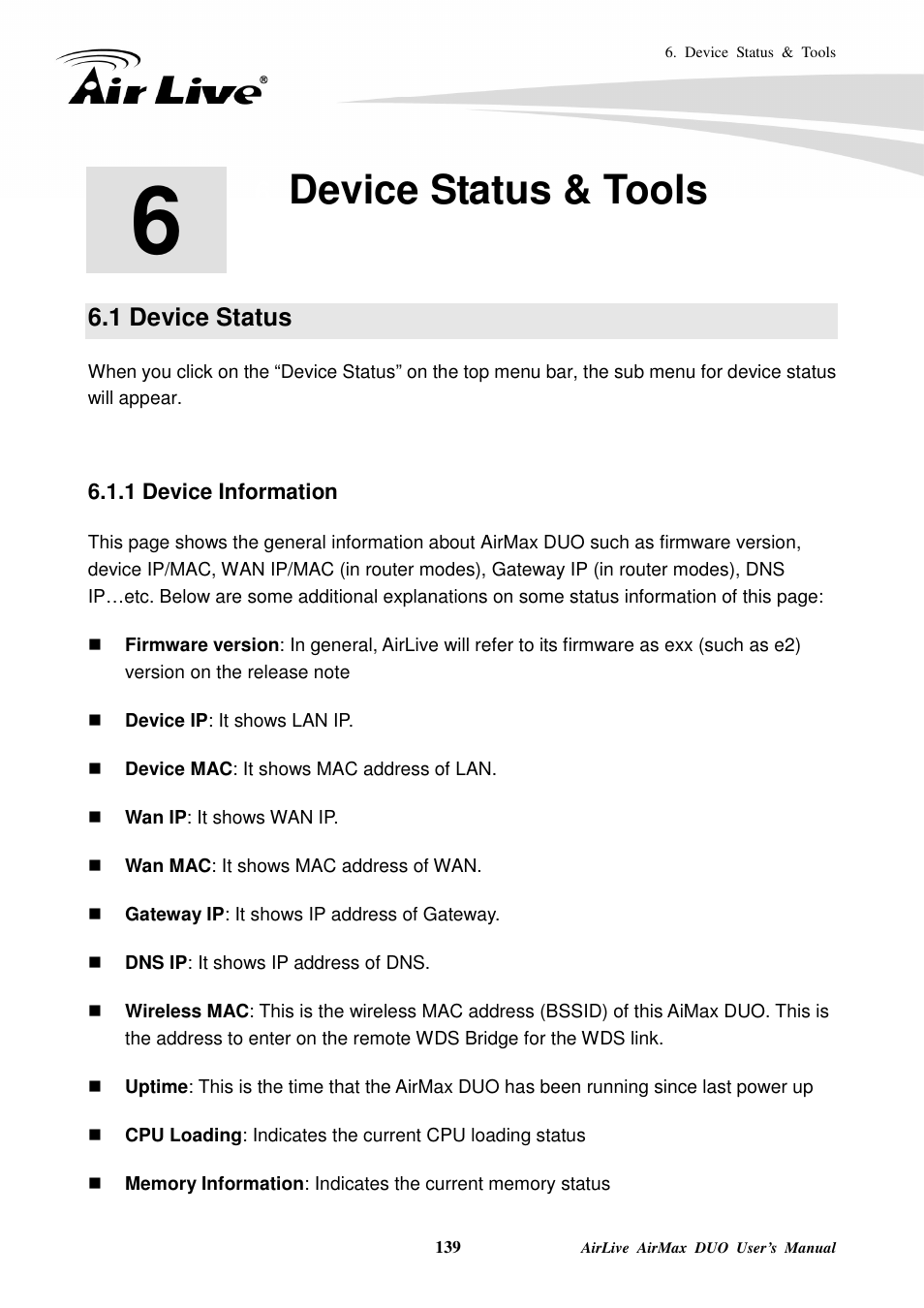 Device status & tools, 1 device status, 1 device information | AirLive AirMax DUO User Manual | Page 147 / 208