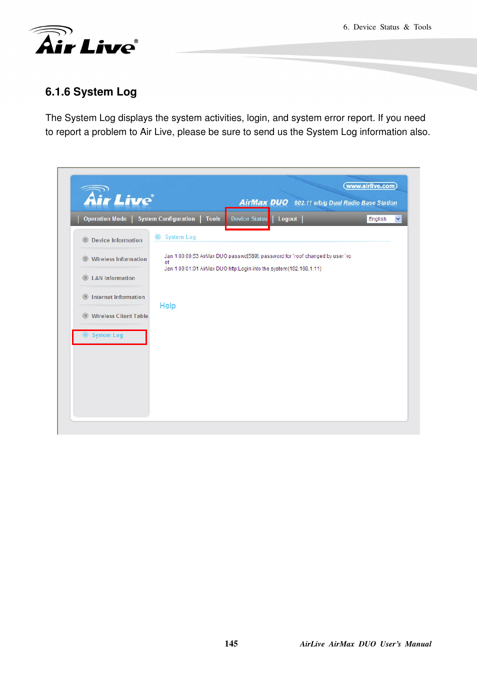 6 system log | AirLive AirMax DUO User Manual | Page 153 / 208