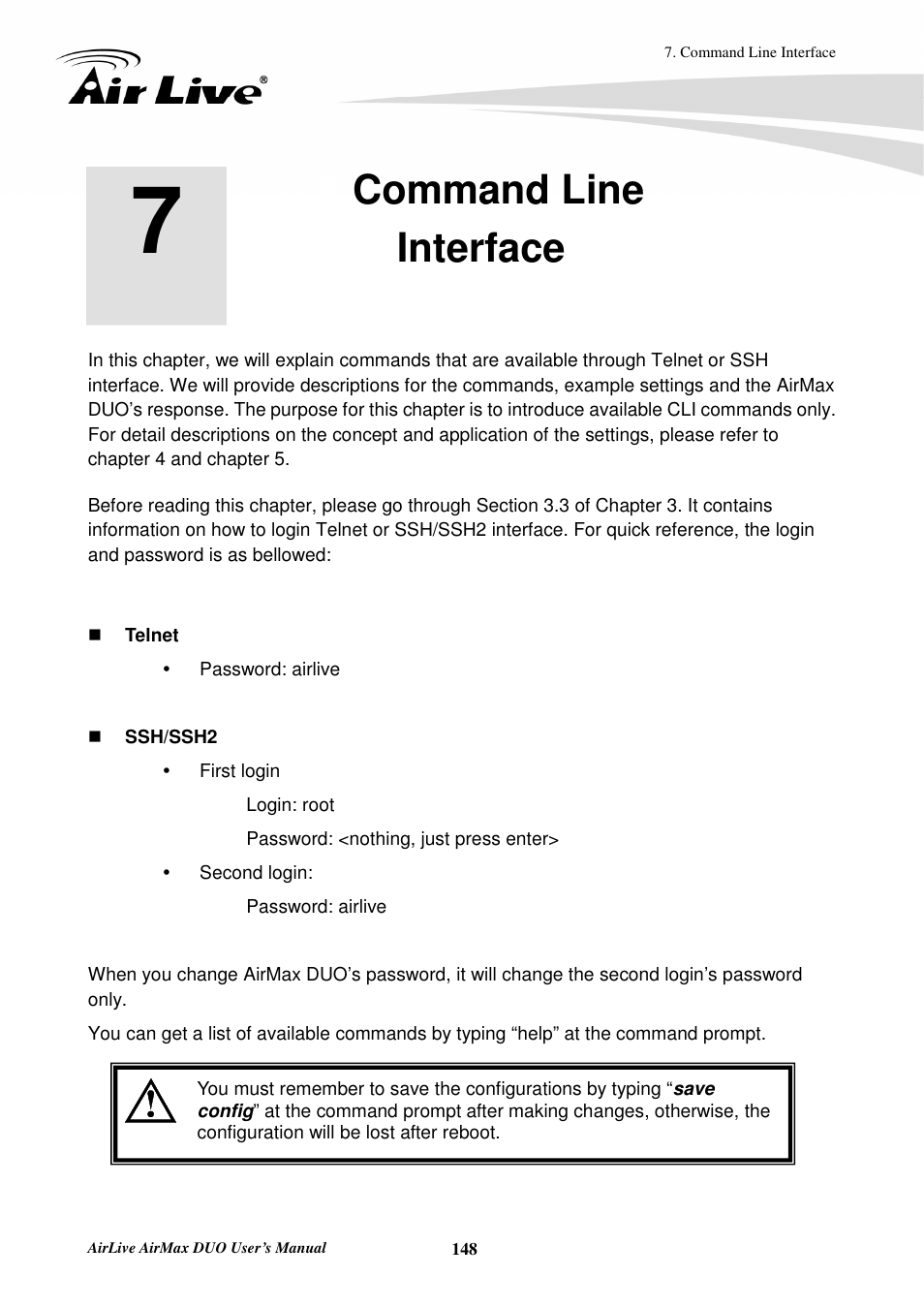 Command lineinterface, Command line interface | AirLive AirMax DUO User Manual | Page 156 / 208