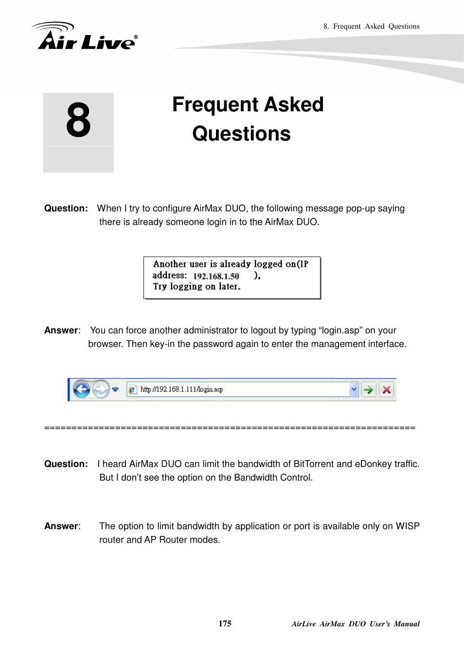 Frequent askedquestions, Frequent asked questions | AirLive AirMax DUO User Manual | Page 183 / 208