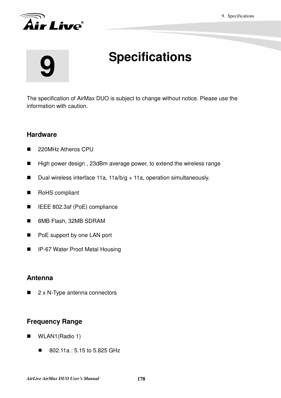 Specifications | AirLive AirMax DUO User Manual | Page 186 / 208