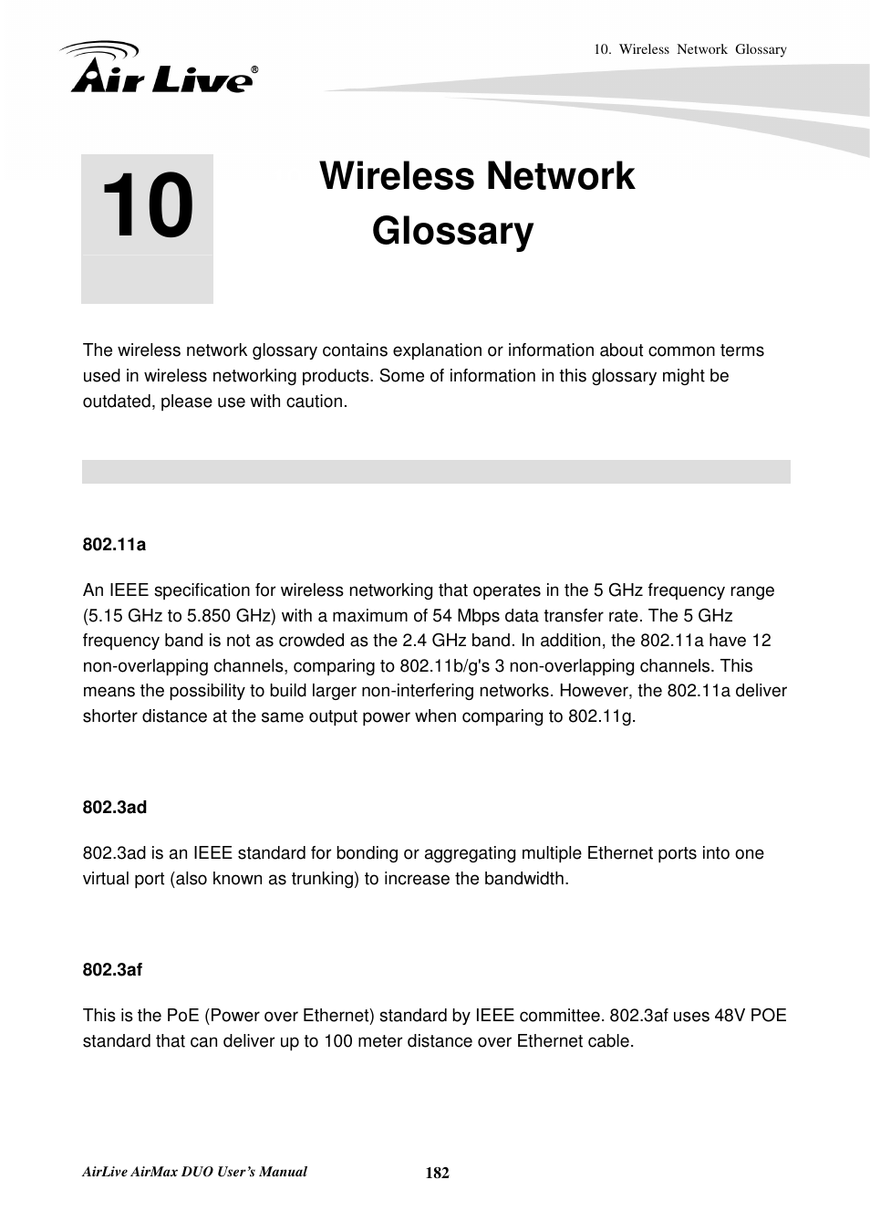 Wireless network glossary | AirLive AirMax DUO User Manual | Page 190 / 208
