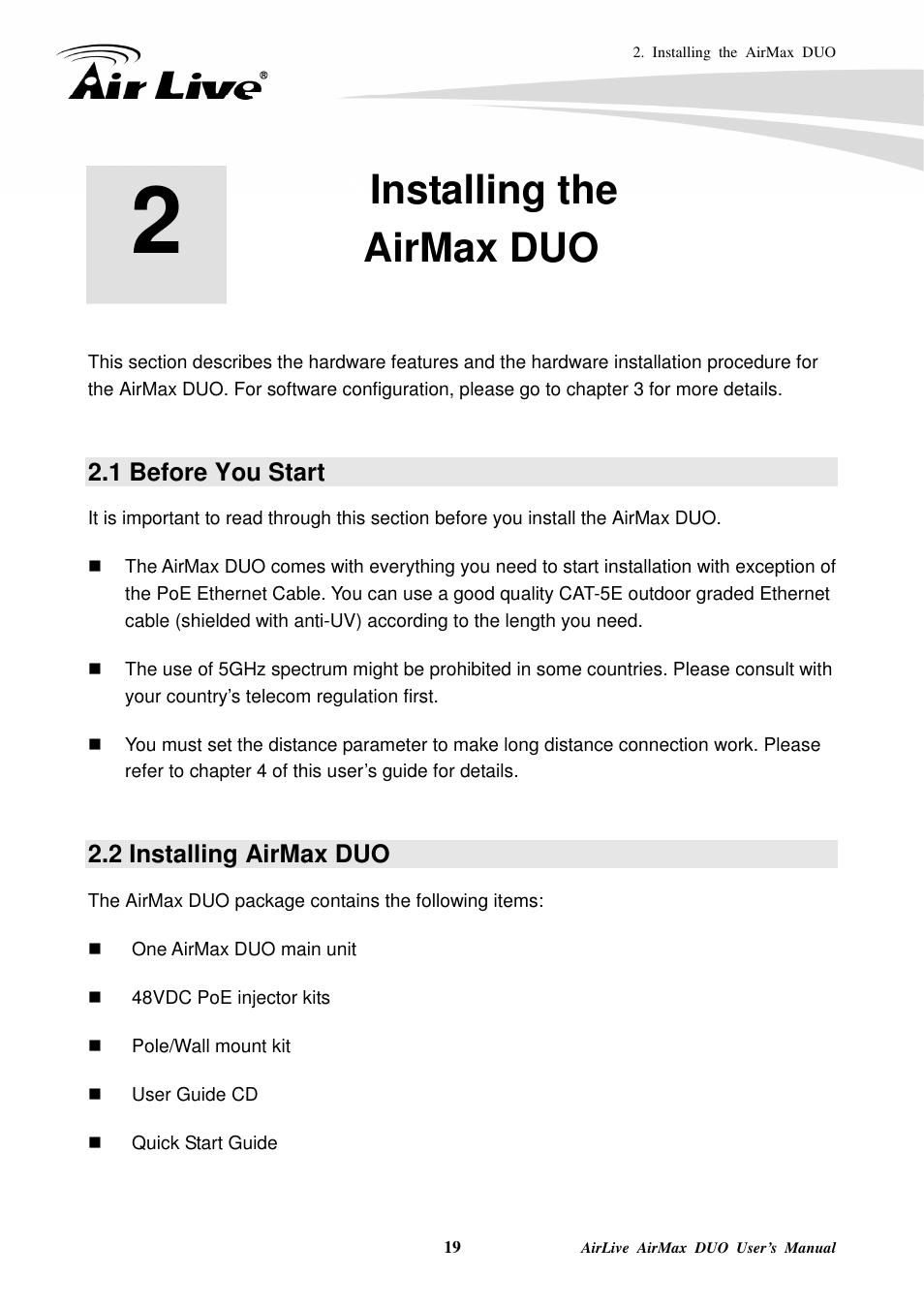 Installing theairmax duo, 1 before you start, 2 installing airmax duo | Installing the airmax duo | AirLive AirMax DUO User Manual | Page 27 / 208