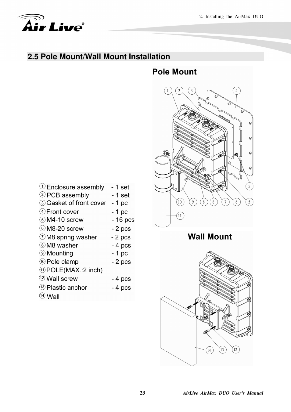 5 pole mount/wall mount installation | AirLive AirMax DUO User Manual | Page 31 / 208