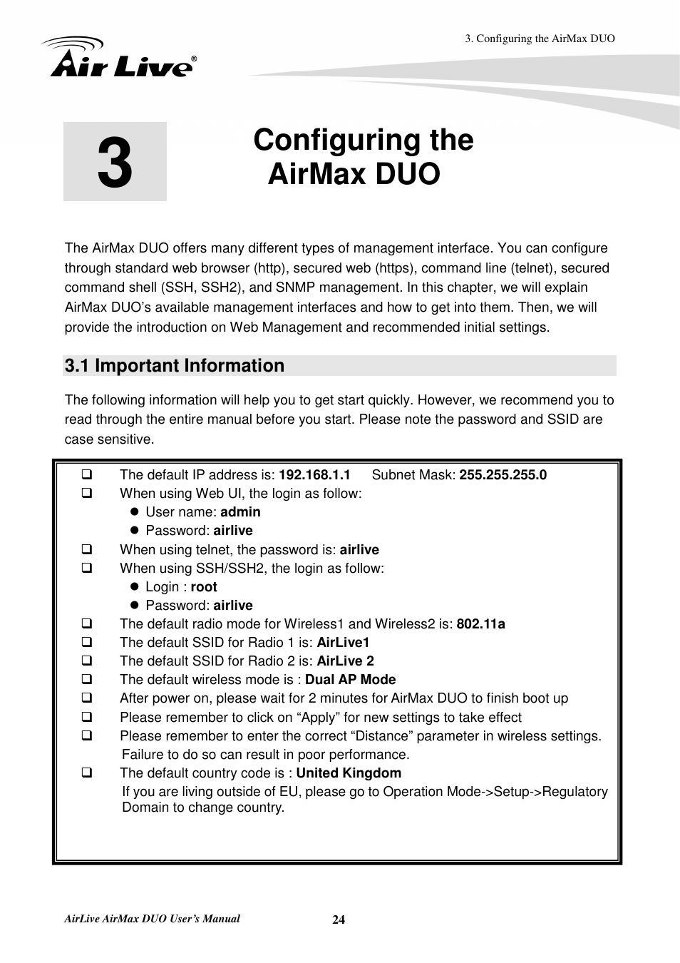 Configuring theairmax duo, 1 important information, Configuring the airmax duo | AirLive AirMax DUO User Manual | Page 32 / 208